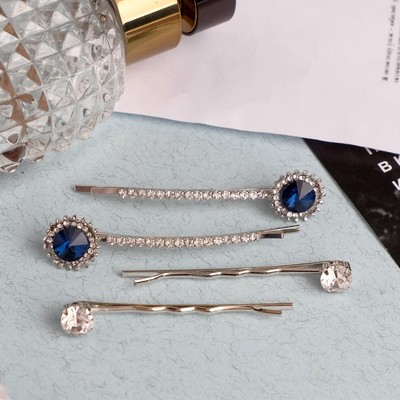 Невидимка для волос "Кварта" 5 см, 6 см (набор 4 шт) синяя страза, серебро