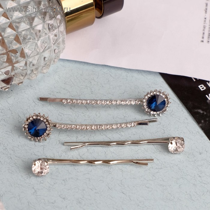 Невидимка для волос "Кварта" 5 см, 6 см (набор 4 шт) синяя страза, серебро - Фото 1