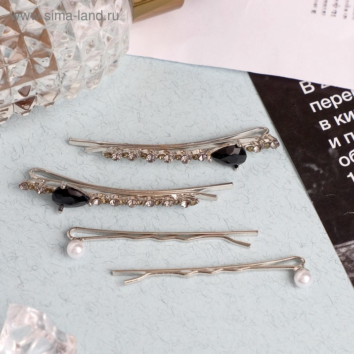 Невидимка для волос "Кварта" 5 см, 6 см (набор 4 шт) капелька, бусины, серебро - Фото 1