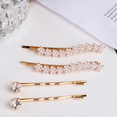 Невидимка для волос "Морская пена" 5 см, 6 см (набор 4 шт) волна, стразы, золото