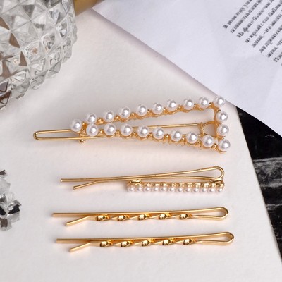 Невидимка для волос "Морская пена" 5 см, 6 см (набор 4 шт) треугольник, бусины, золото