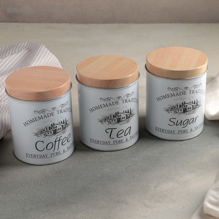 Набор банок для сыпучих продуктов Sugar.Coffee.Tea, 10,5×14 см, 3 шт, цвет белый - Фото 1