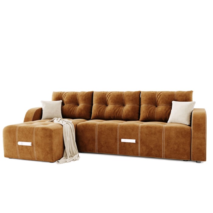 Угловой диван «Нью-Йорк 3», угол левый, пантограф, велюр, цвет селфи 10, подушки селфи 01