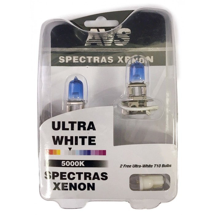 Лампа автомобильная AVS SPECTRAS Xenon 5000K, H3, 12 В, 75 Вт, + T10, набор 2 шт