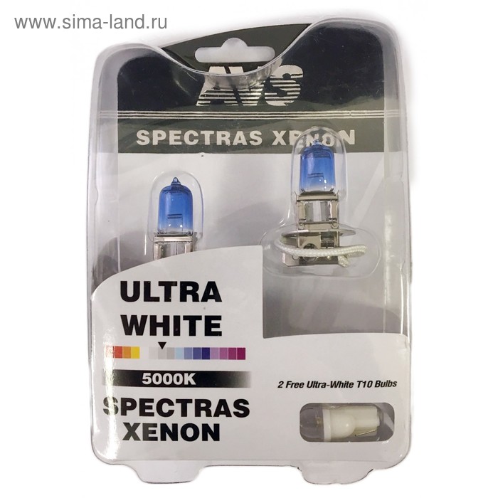 Лампа автомобильная AVS SPECTRAS Xenon 5000K, H3, 12 В, 75 Вт, + T10, набор 2 шт - Фото 1