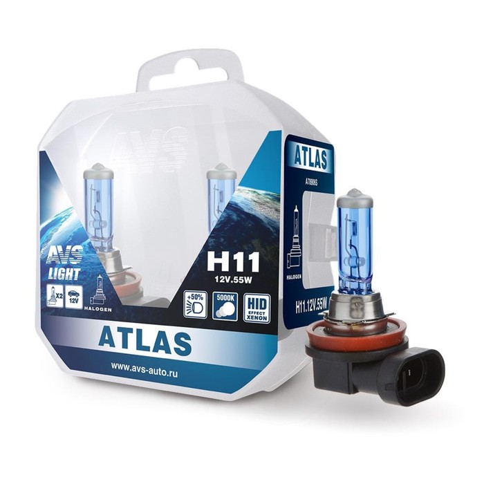 Лампа автомобильная AVS ATLAS PB 5000К, H11, 12 В.55 Вт, набор 2 шт