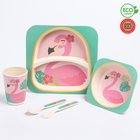 Набор детской бамбуковой посуды «Фламинго», тарелка, миска, стакан, приборы, 5 предметов - фото 8923369