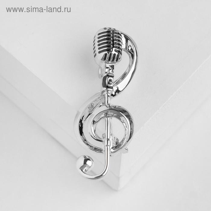 Брошь «Ретро микрофон» с нотой, цвет серебро