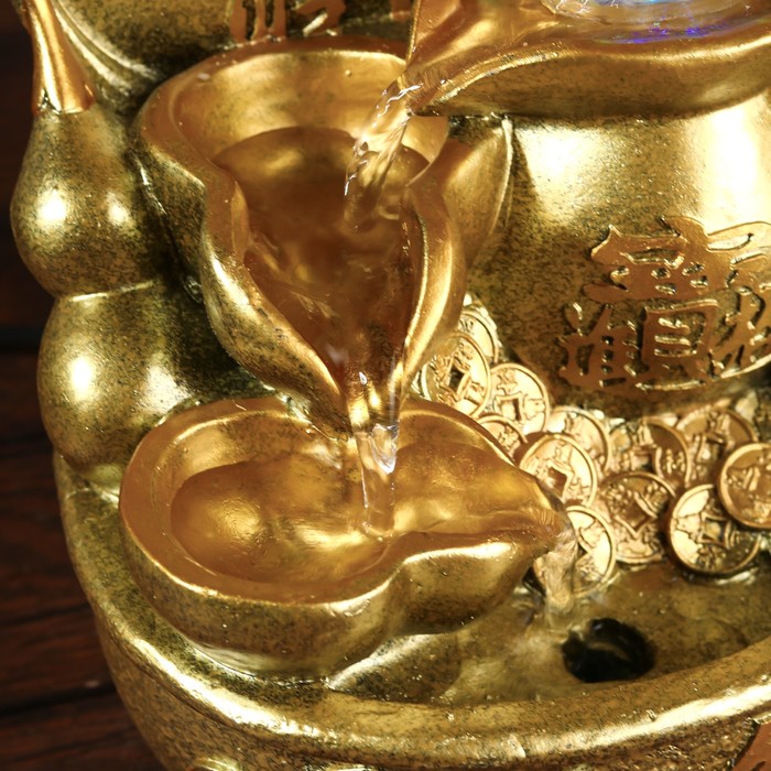 Фонтан настольный от сети, подсветка "Китайская монета" золото 26х18х17 см - фото 1905616200