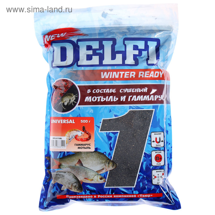 Прикормка зимняя увлажненная DELFI ICE Ready, универсальная, гаммарус/мотыль, 500 г - Фото 1