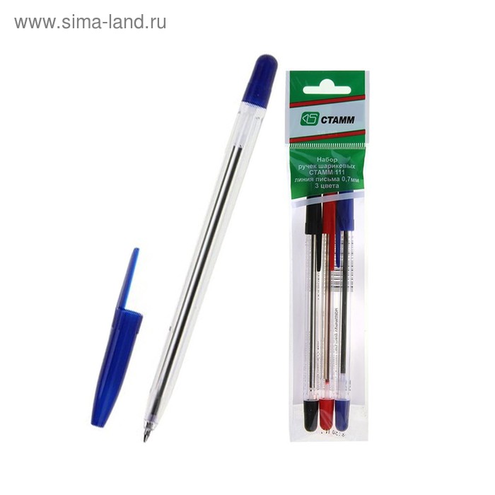 Набор ручек шариковых микс 3 цвета "Стамм" 111, узел 0.7 мм, чернила на масляной основе: синие, красные, чёрные, европодвес - Фото 1