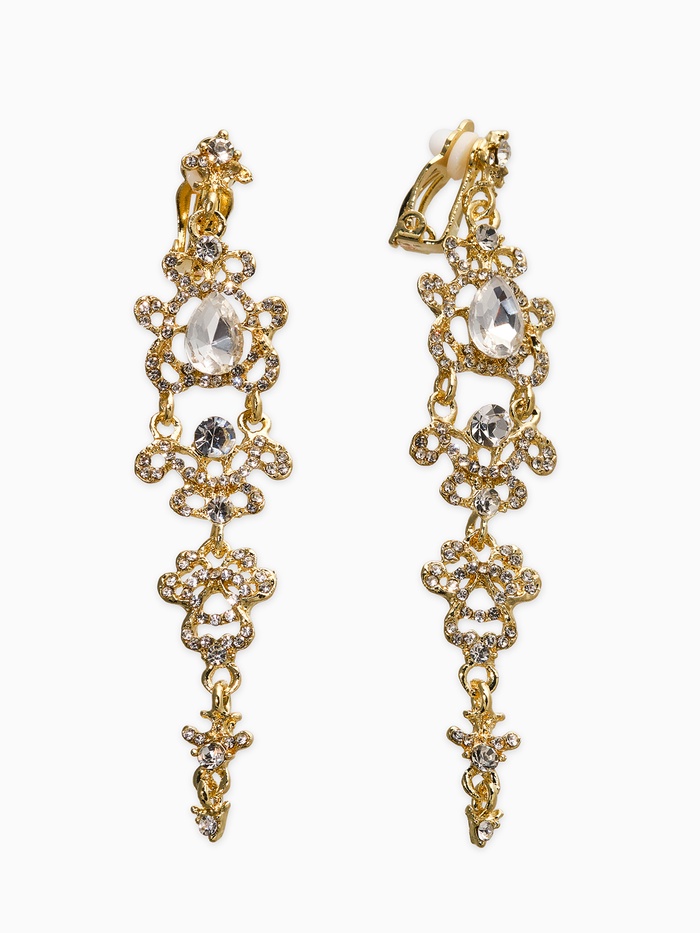 Клипсы для ушей висячие со стразами QF «Ажур», капли с завитками, цвет белый в золоте - Фото 1