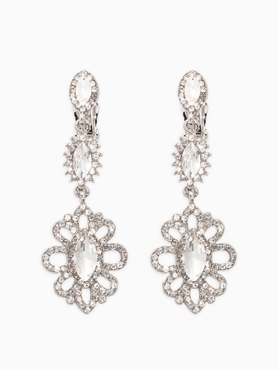 Серьги клипсы для ушей висячие со стразами QF «Ажур», белые в серебре