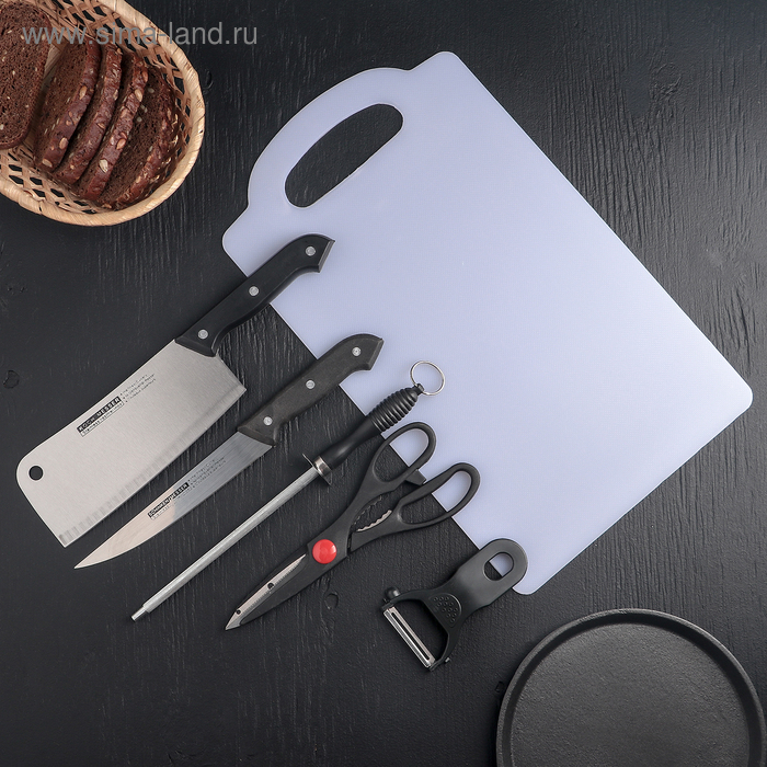 Набор кухонных принадлежностей, 6 предметов: 2 ножа 15,5 см, 18 см, овощечистка, ножницы, разделочная доска, ножеточка - Фото 1