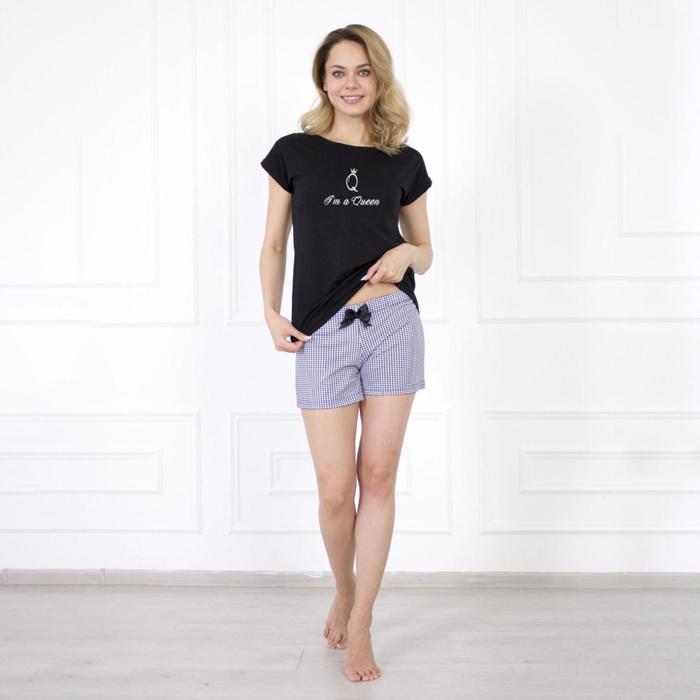 Костюм женский (футболка, шорты) «Валерия», цвет чёрный/клетка, размер 42 - Фото 1