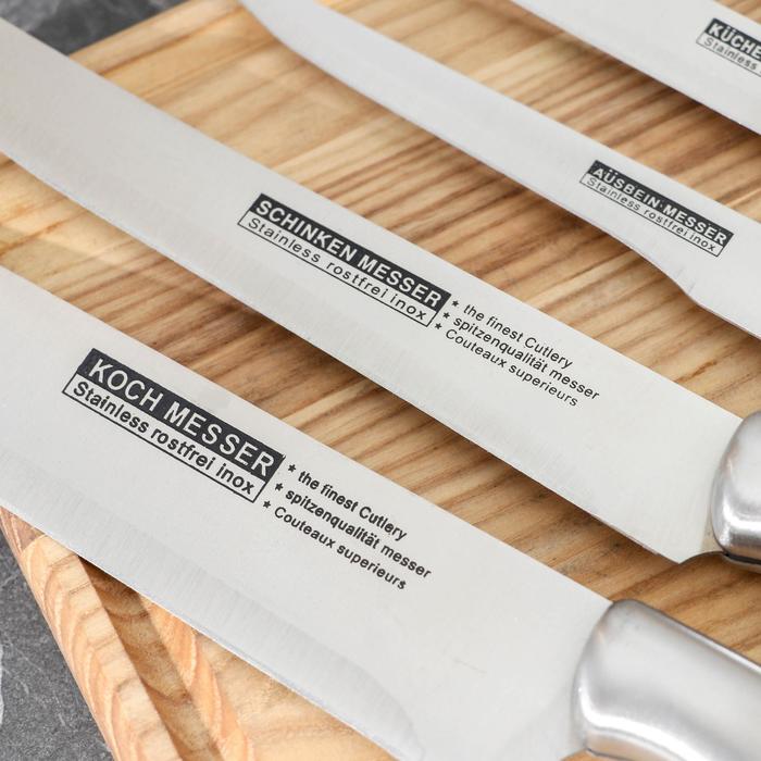 Набор ножей кухонных на подставке «Блеск стали», 6 предметов: 5 ножей лезвие 9,5 см, 13 см, 13,5 см, 20,5 см, 20,5 см, ножницы - фото 1906769640