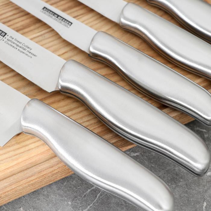 Набор ножей кухонных на подставке «Блеск стали», 6 предметов: 5 ножей лезвие 9,5 см, 13 см, 13,5 см, 20,5 см, 20,5 см, ножницы - фото 1906769642