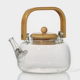 Чайник стеклянный заварочный с бамбуковой крышкой и металлическим фильтром «Эко. Бабл», 800 мл, 18x13,5x12,5 см