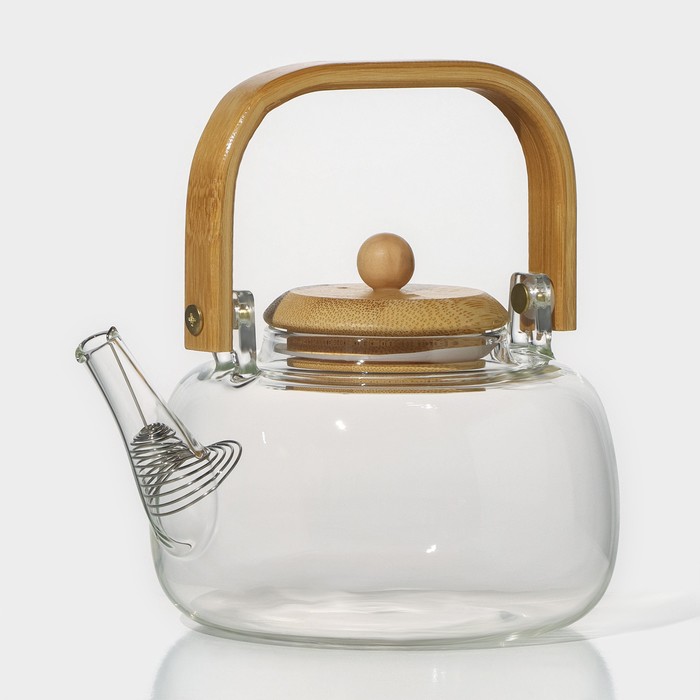 Чайник стеклянный заварочный с бамбуковой крышкой и металлическим фильтром «Эко. Бабл», 800 мл, 18×13,5×12,5 см - Фото 1
