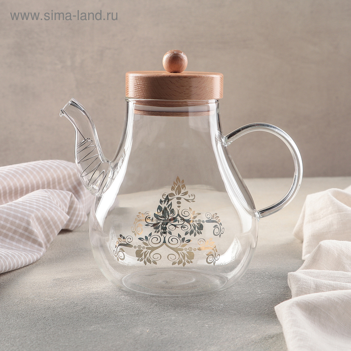 Чайник стеклянный заварочный с бамбуковой крышкой и металлическим фильтром «Эко. Восток», 1 л, 20×13×19,5 см - Фото 1