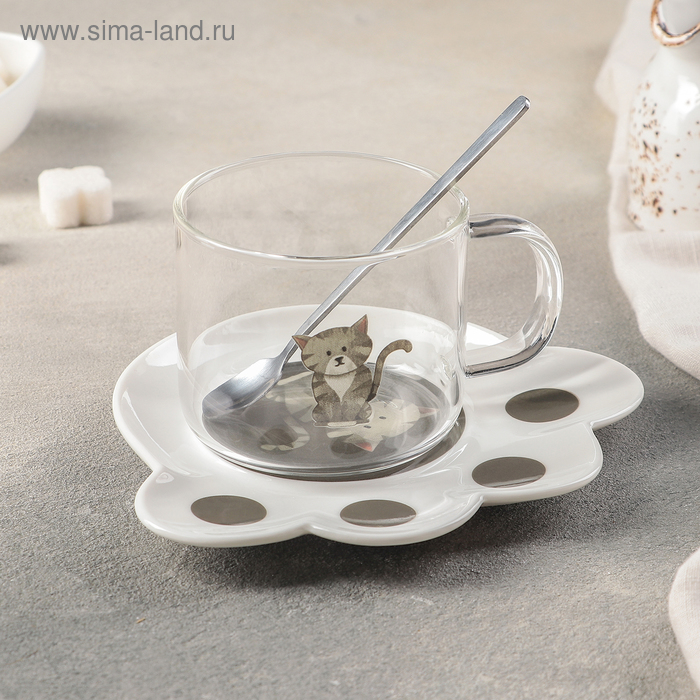 Чайная пара стеклянная с ложкой «Котик», 3 предмета: кружка 200 мл, ложка, блюдце, цвет МИКС - Фото 1