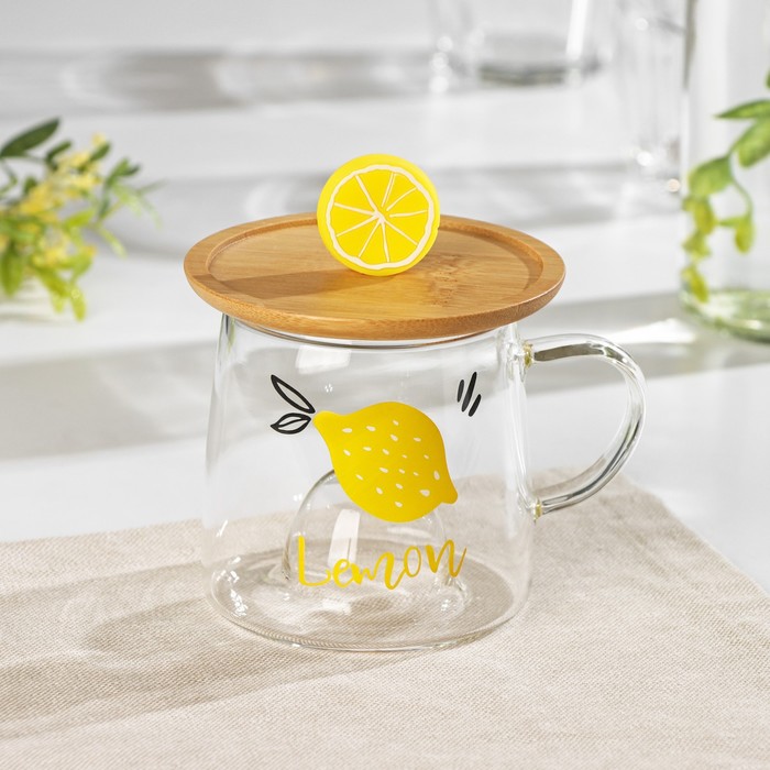 Кружка «Лимончик», 350 мл, с деревянной крышкой, стекло, прозрачная