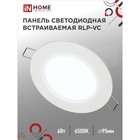 Панель светодиодная IN HOME RLP-VC, 6 Вт, 230 В, 6500 К, 420 Лм, 95x30 мм, круглая, белая - фото 19514602