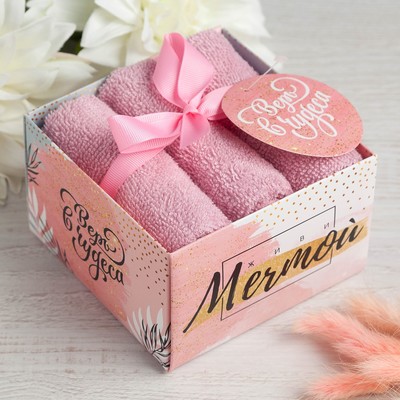 Салфетки махровые «Этель. Мечтай», 3 шт., 30×30 см, хлопок 100%, розовые