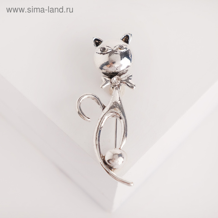 Брошь «Кошка», цвет бело-серый в чернёном серебре - Фото 1
