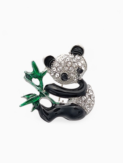 Брошь «Панда» с бамбуком, цветная в серебре