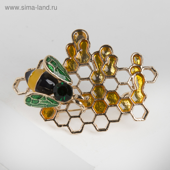 Брошь «Пчела» на сотах, цветная в золоте - Фото 1