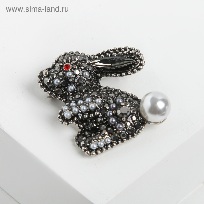 Брошь «Зайчик» жемчужный, цвет серо-белый в чернёном серебре - Фото 1