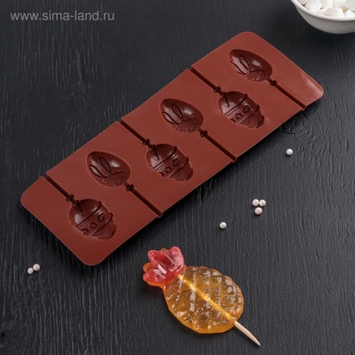 Форма для леденцов Доляна «Пасхальный кролик», силикон, 26×10×1 см, 6 ячеек, с палочками, коричневая