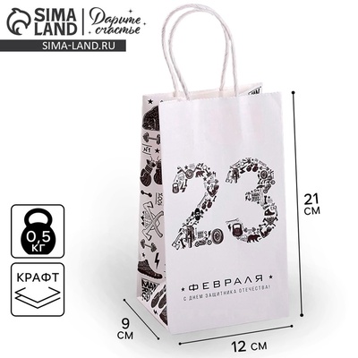 Пакет подарочный крафт, упаковка, «С 23 февраля», 21×12×9 см