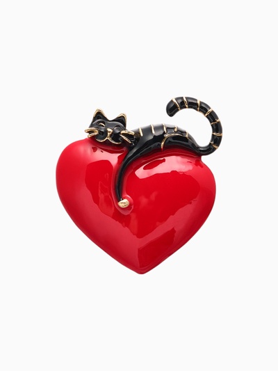 Брошь «Кот мартовский», красно-чёрная в золоте