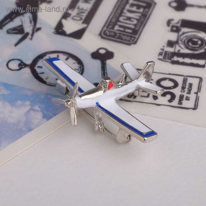 Брошь «Самолёт» с пропеллером, цвет бело-синий в серебре - Фото 1