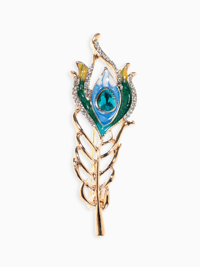 Брошь «Перо павлина», разноцветная в розовом золоте - Фото 1