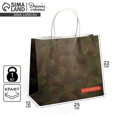 Пакет подарочный крафт, упаковка, «С 23 февраля», 25×22×12 см