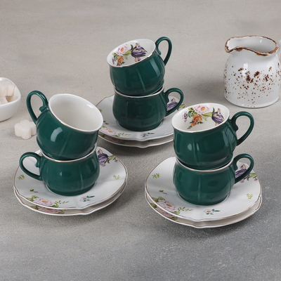 Сервиз керамический кофейный «Сирена», 12 предметов: 6 чашек 100 мл, 6 блюдец 12 см, цвет зелёный