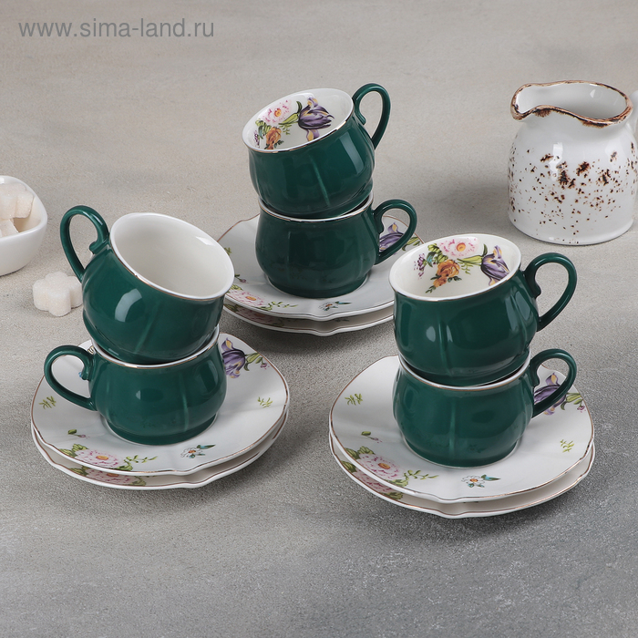 Сервиз керамический кофейный «Сирена», 12 предметов: 6 чашек 100 мл, 6 блюдец 12 см, цвет зелёный - Фото 1