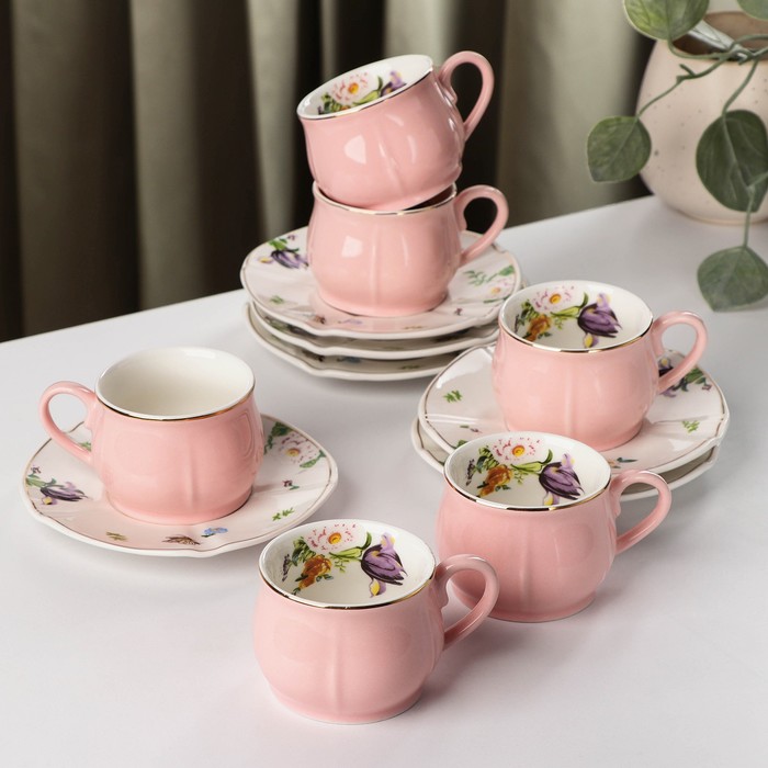 Сервиз керамический кофейный «Сирена», 12 предметов: 6 чашек 100 мл, 6 блюдец 12 см, цвет розовый - Фото 1