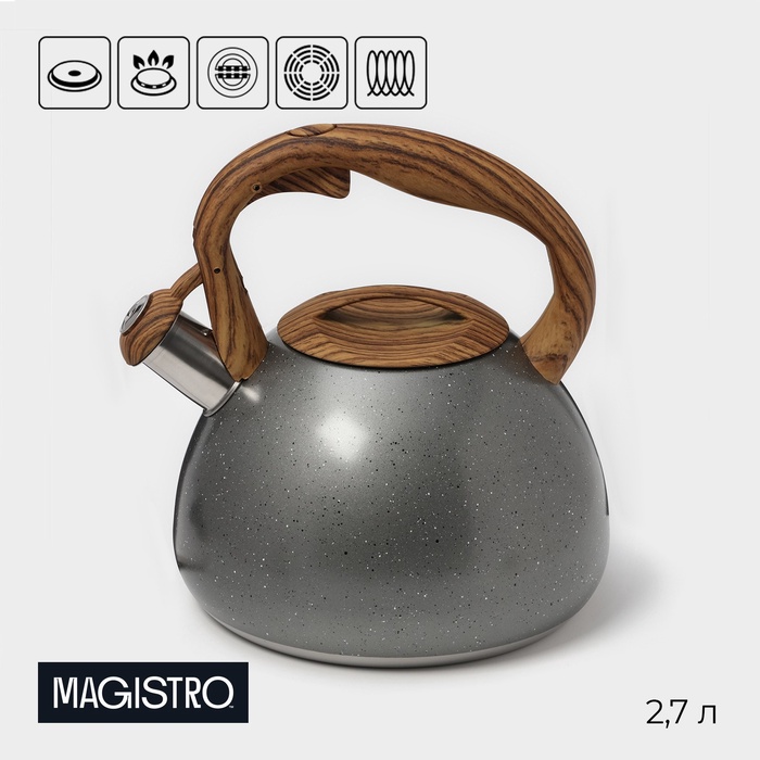 Чайник Magistro Stone, 2.7 л, со свистком, ручка soft-touch, индукция, нержавеющая сталь, серый - Фото 1