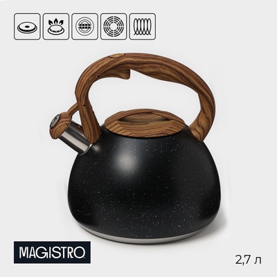Чайник Magistro Stone, 2.7 л, со свистком, ручка soft-touch, индукция, нержавеющая сталь, чёрный