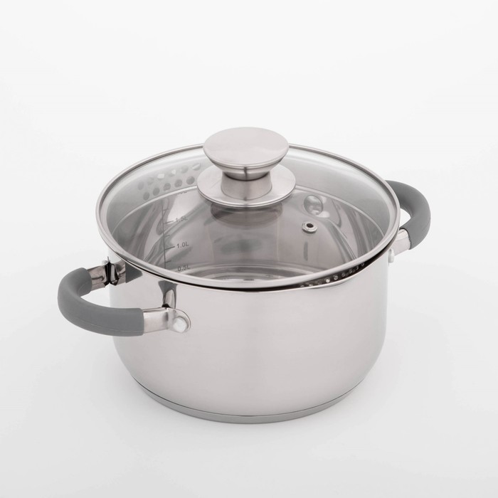 Кастрюля Magistro Tefida, 2.5 л, AISI - 201, стеклянная крышка-дуршлаг, носик для слива, капсульное дно, силиконовые ручки, нержавеющая сталь