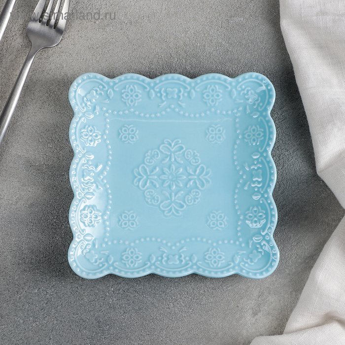 Тарелка фарфоровая квадратная Доляна «Сьюзен», 15×15 см, цвет голубой - Фото 1