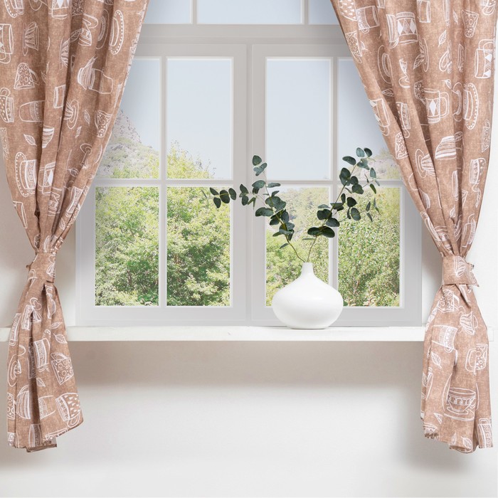 Шторы для кухни «Доляна» Cup of tea 150×180 см- 2 шт., подхваты - 2 шт., 164 г/м², 100% хлопок - Фото 1