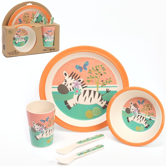 Набор детской бамбуковой посуды «Зебра», тарелка, миска, стакан, приборы, 5 предметов - фото 1907070202