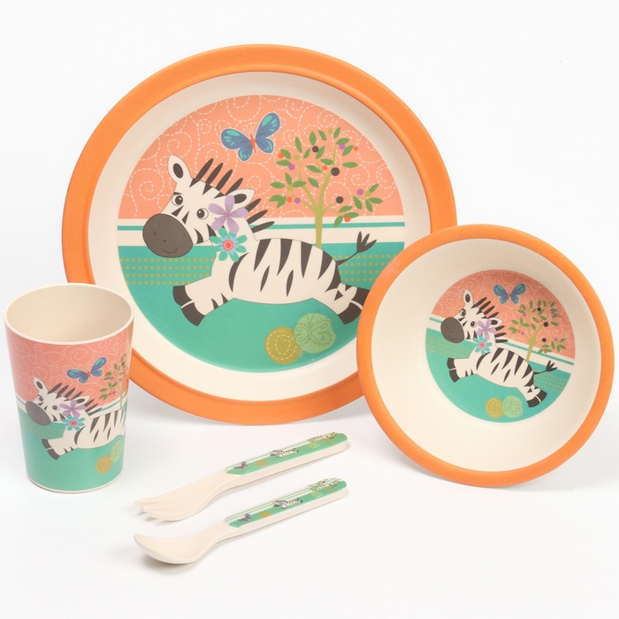 Набор детской бамбуковой посуды «Зебра», тарелка, миска, стакан, приборы, 5 предметов - фото 1907070204
