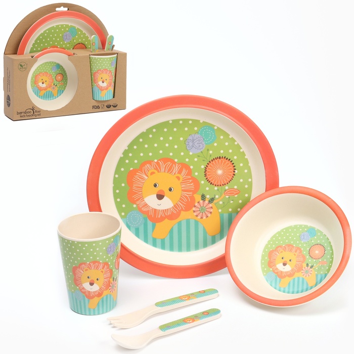 Набор детской бамбуковой посуды «Лёвушка», тарелка, миска, стакан, приборы, 5 предметов - Фото 1