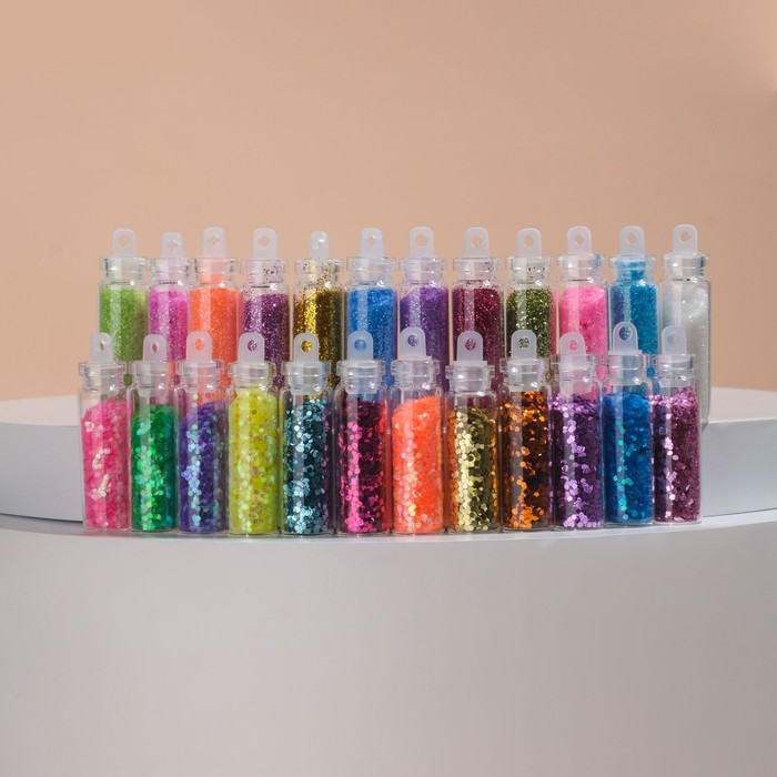 Ассорти для декора, в пластиковом органайзере, набор 24 бутылочки, разноцветные - фото 1898273236